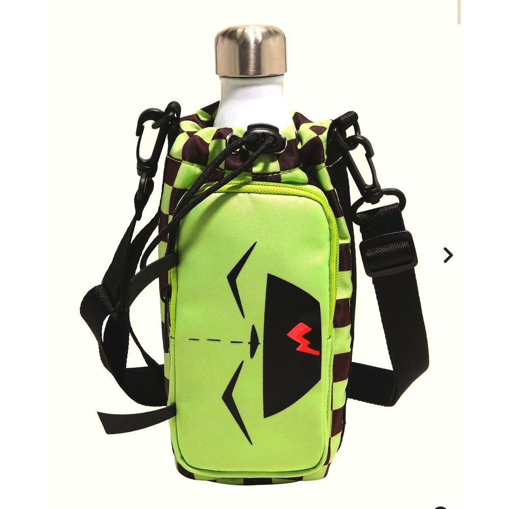 Hot Topic Invader Zim Water Bottle Holder Crossbody Bag Green Checkered NWT